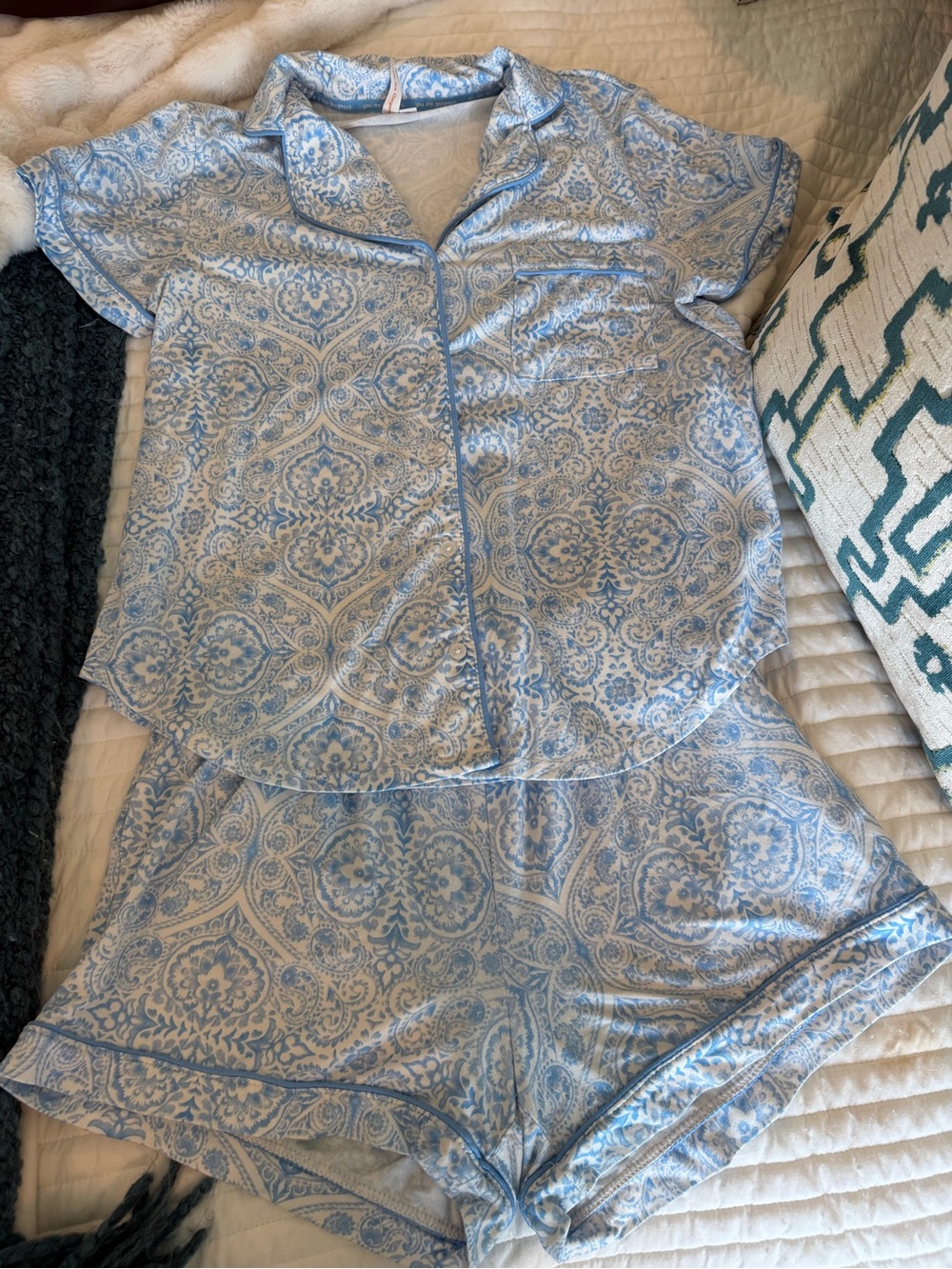 Blue Paisley Short Pajama Set with Contrast Piping
